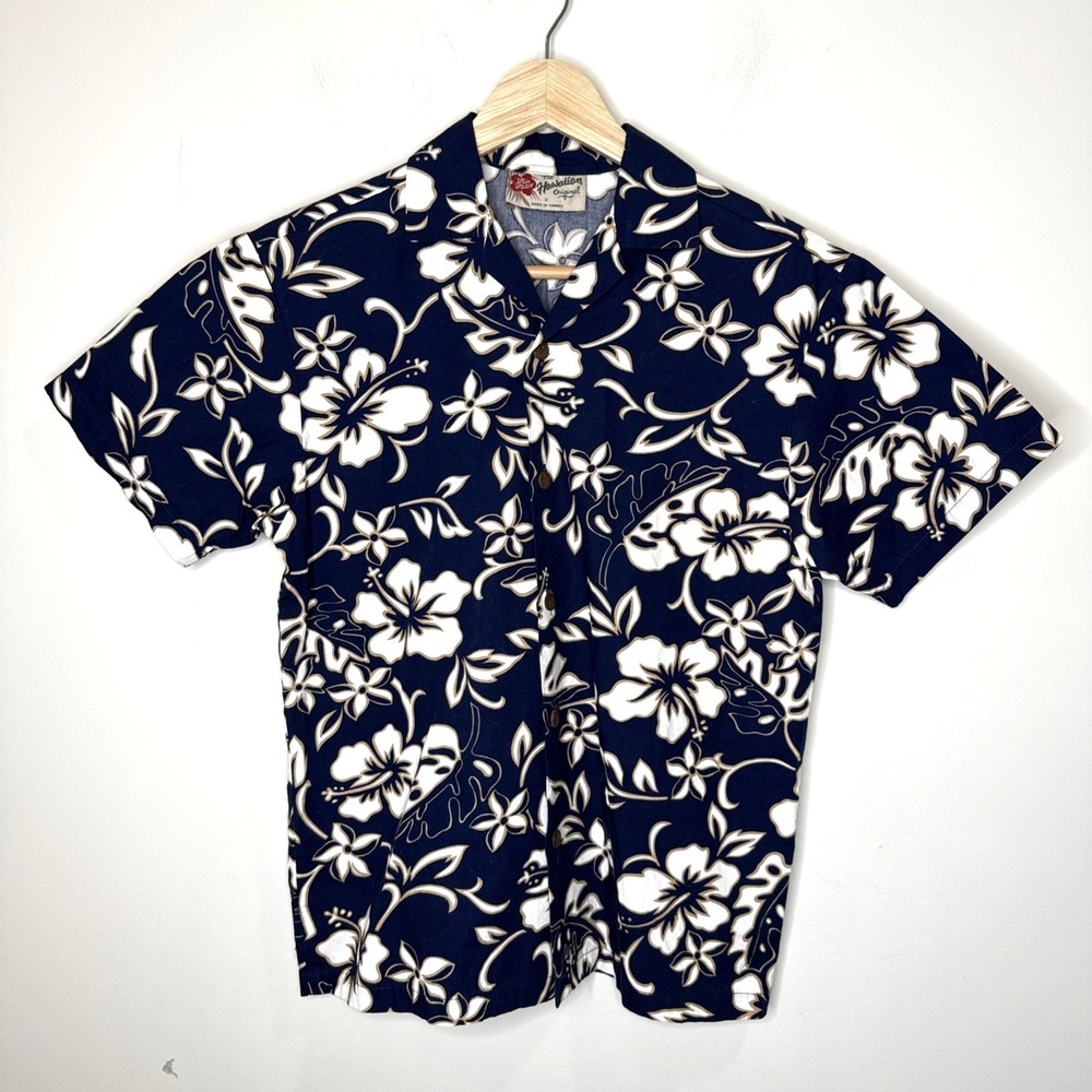 Vintage Hilo Hattie Hawaiian Camp Shirt Womens M Blue Floral Tropical Beach USA